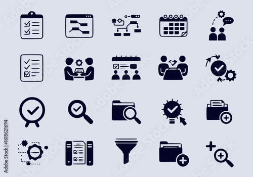 Business and project management icons: Task lists, schedules, teamwork, data, and analytics