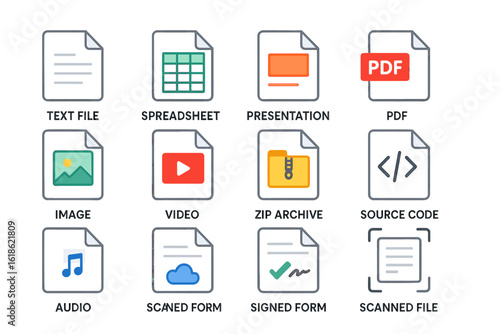 Set of 12 different file type icons including pdf, image, and audio formats