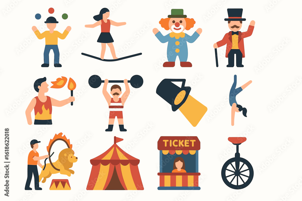 Fototapeta premium Colorful cartoon circus performers and attractions in playful style