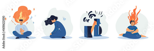 Vector illustration set of stressed and exhausted people with symbolic fire and chaotic elements representing emotional burnout syndrome and mental fatigue concept