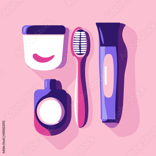 Flat minimalist vector illustration of dental hygiene products including toothbrush toothpaste mouthwash and electric toothbrush on pink background with long shadows