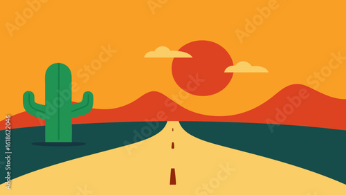 Desert Road with Single Blooming Cactus Nature Scene