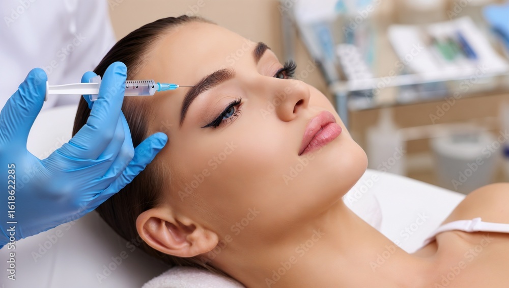 Naklejka premium Woman receiving forehead injection in beauty clinic