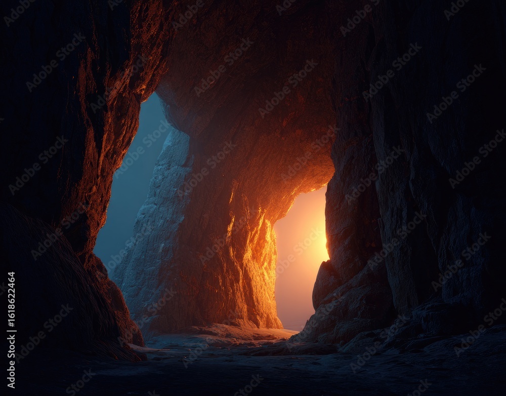 Fototapeta premium A cavern's mouth, dimly lit, reveals a bright orange glow emanating from a distant exit, contrasting with cool blue shadows within the rough rock walls