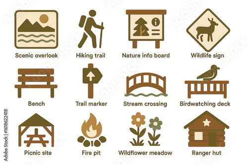 Outdoor trail symbols: hiking, wildlife, nature, picnic, campfire, bridge, flowers, ranger hut