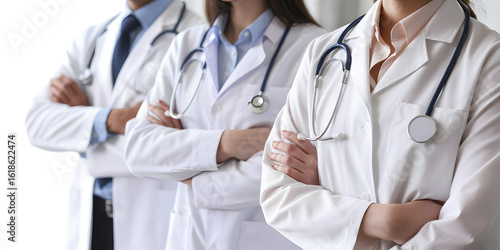 Confident medical professionals in white coats with stethoscopes, ready to provide care and support patients