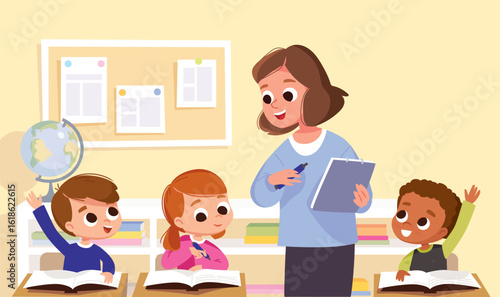 Classroom with kids and teacher. Teacher with students in a classroom. Teacher explaining lesson, introducing the subject to kids. Primary school kids. Children with hands up want to answer.