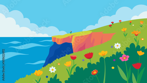 Colorful Wildflowers Field on Coastal Cliff Nature