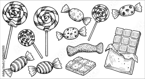 Detailed black and white sketch art of various sweet treats, featuring swirl lollipops, traditional wrapped candies, a chocolate bar, and other delicious desserts, in a vintage hand-drawn style.