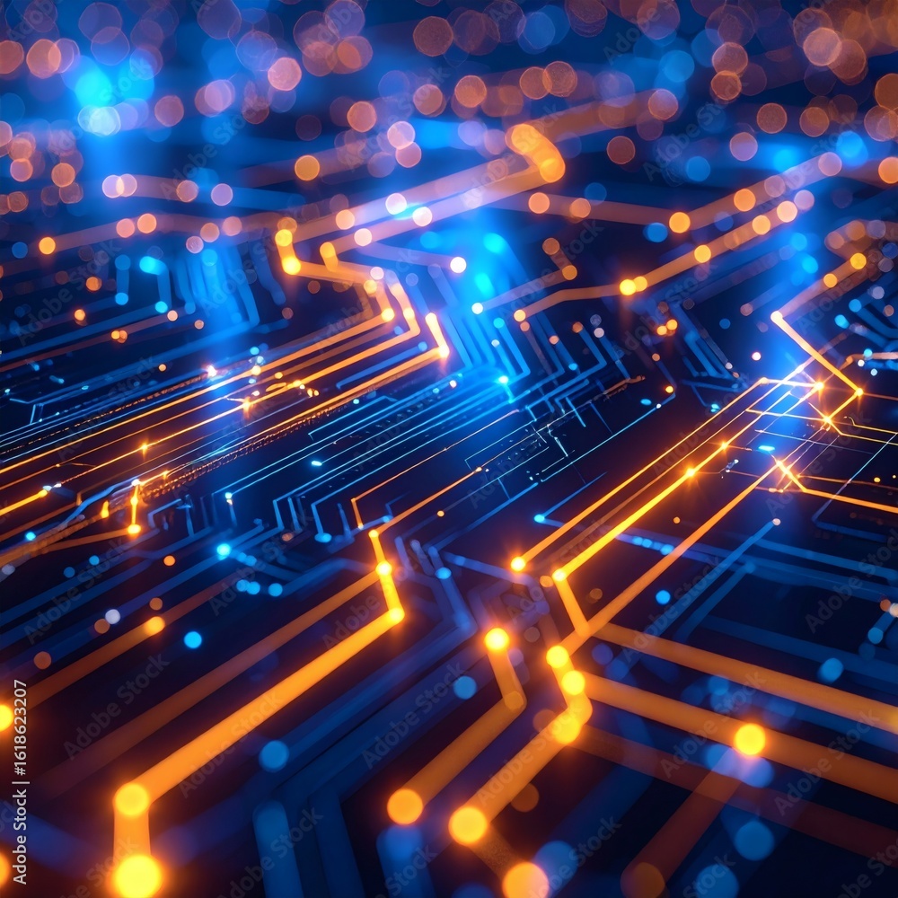 Fototapeta premium Digital Circuitry: Abstract Blue and Orange Glow Lines & Bokeh