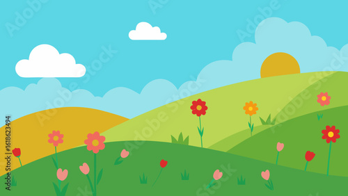 Sunny Windswept Hills Wildflowers Field Nature Landscape