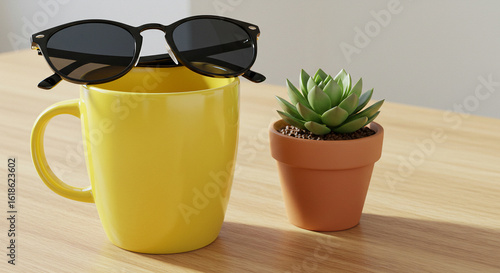 Sunny Still Life: Yellow Mug Sunglasses and Succulent on Wooden Table.