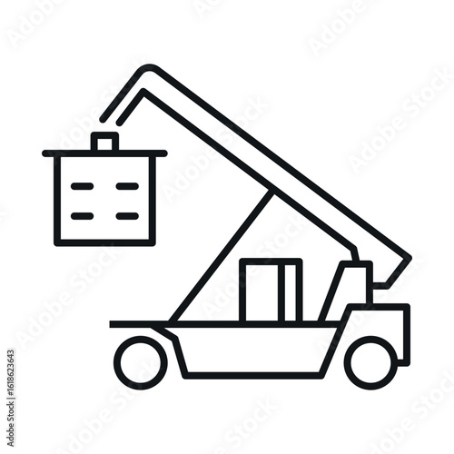 Icon of a reach stacker container handler in action lifting a load in a logistics environment