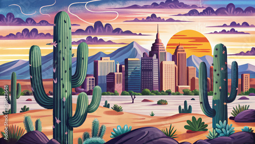 Vector banner of Phoenix skyline with cactus silhouettes, desert scenery, sunset skies, and southwestern architecture. Ideal for Arizona, USA landscapes, and travel themes