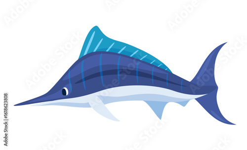 Vector illustration of a swordfish swimming gracefully against a clean white background, showcasing its graceful features and the unique characteristics characteristic of this fish