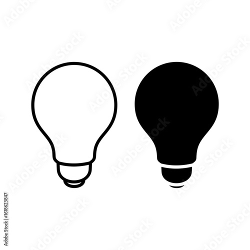 A set of light bulb icon on white background. Idea symbol. Electric lamp, light, innovation, solution, creative thinking, electricity. Outline, flat and colored style. Flat design.