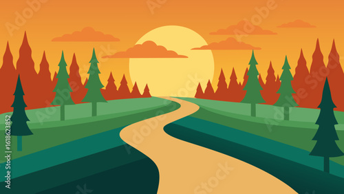 Forest Road with Stream Running Alongside Autumn Nature