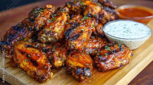 Stacked grilled chicken wings with sauces