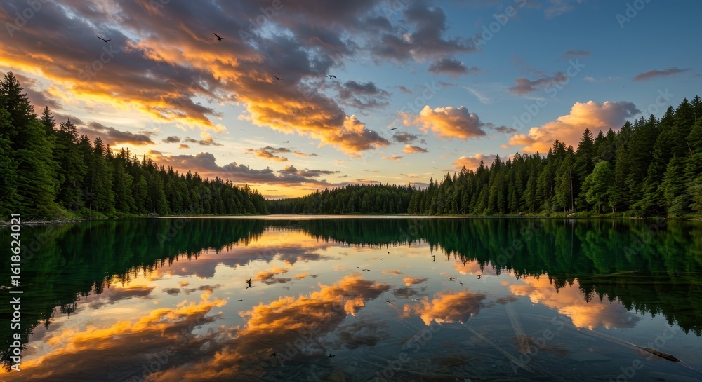 Fototapeta premium Golden Sunrise Over Calm Mountain Lake Reflecting Snowy Peaks and Pines 