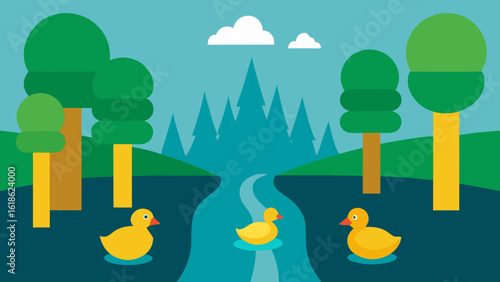 Ducks Family Swimming in Forest River Nature Wildlife Habitat