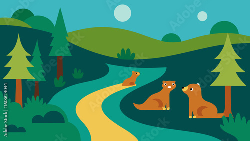 Playful Otters in Forest River Scenic Nature Wildlife Habitat Landscape