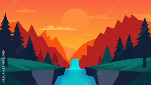 Serene Forest with a River and a Hidden Waterfall at Sunset