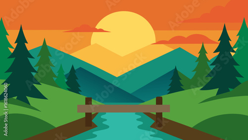 Charming Forest with a River and a Log Bridge at Sunset