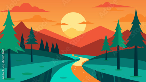 Forest with a River and a Log Jam at Beautiful Sunrise