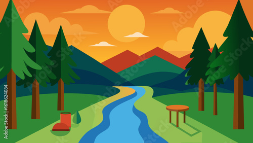 Serene Forest with a River and a Picnic Spot at Sunset