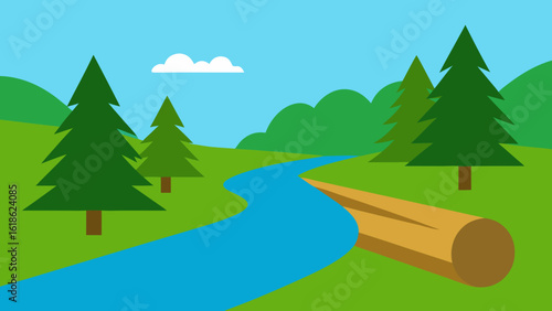 Forest with a River and a Fallen Log Across the Water