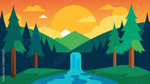 Serene Forest with a River and a Small Waterfall at Sunset