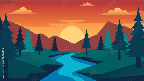 Serene Forest with a River and a Swimming Hole at Sunset