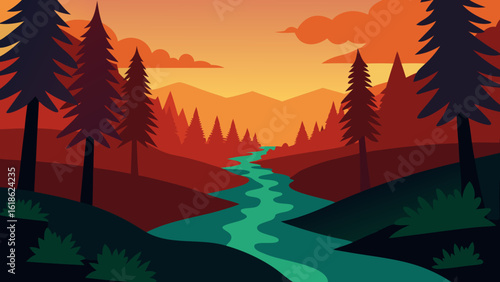 Lush Forest with a River its Banks Lined with Vibrant Ferns