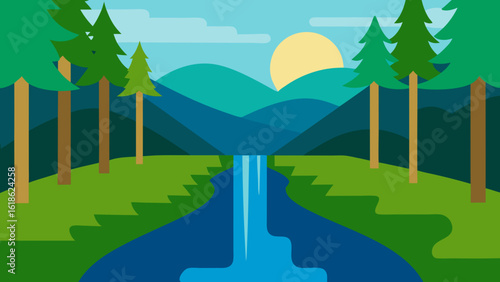 Serene Forest with a River and the Sound of a Distant Waterfall