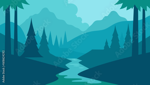 Serene Forest with a River and a Light Fog Hanging Over the Water