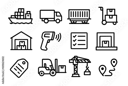 Logistics and transportation icons: shipping, delivery, warehouse, crane, barcode, checklist
