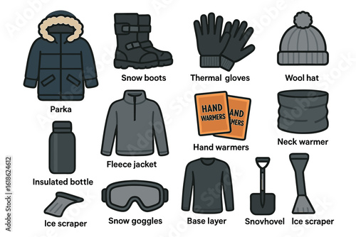 Essential winter gear for outdoor adventures: parka, boots, gloves, hat, and more