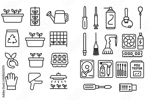 Gardening and technology icons: planting tools and electronics visual collection