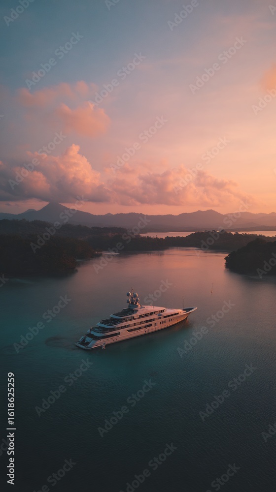 Naklejka premium Luxury yacht sailing in tranquil waters at sunset offering ultimate relaxation