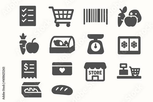 Grocery icons: shopping cart, barcode, produce, scale, checkout, storefront