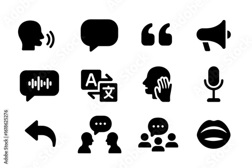 Communication icons set: speech, translation, sound, and interaction symbols