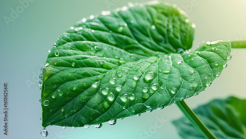 Water Droplets on Green Leaf Veins After Rain