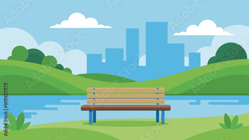 Modern City Park Bench Overlooking a Serene Pond with a Peaceful View