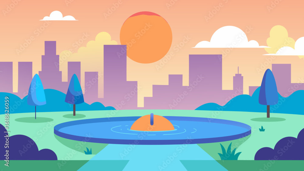 Fototapeta premium Refreshing Modern City Park Featuring a Lively Splash Pad at Sunrise