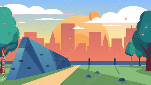 Modern City Park Featuring a Challenging Rock Climbing Wall at Sunset