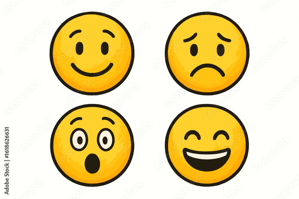 Fototapeta premium Four yellow emoticons displaying happiness sadness surprise joy