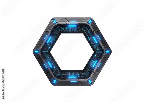 Futuristic hexagon portal frame with blue light isolated on transparent background