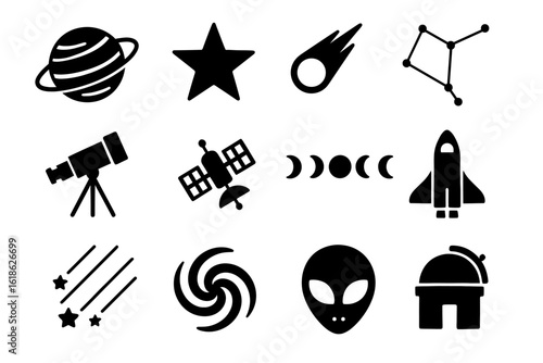 Space icons: planets, stars, telescope, rocket, constellation, alien head, and observatory