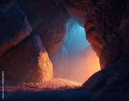 Wallpaper Mural A dimly lit cave passage reveals a glowing, ethereal exit, bathe Torontodigital.ca