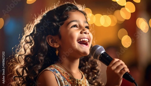 Joyful Young Girl Singing into Microphone with Bokeh Lights Background